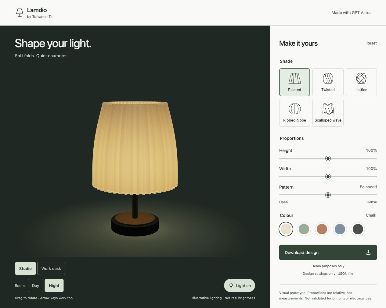 Lamdio desktop customiser with Night selected and the pleated lamp illuminated