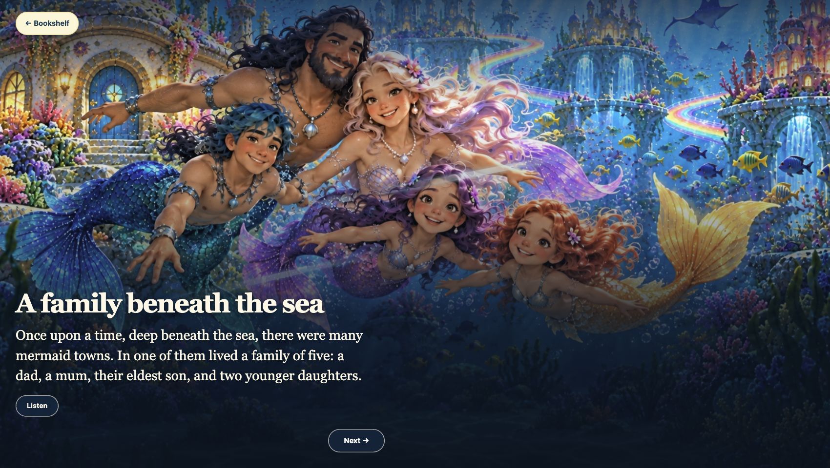 Storytime desktop page showing the mermaid family beneath the sea